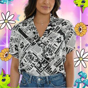 Self Esteem Goth Punk Fashion and Cats Newspaper Article Button Up Blouse M